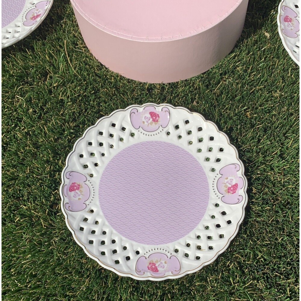 4- Grace Teaware Lavender & Gold Rose 7.5" Porcelain Pierced Dessert Plate Set